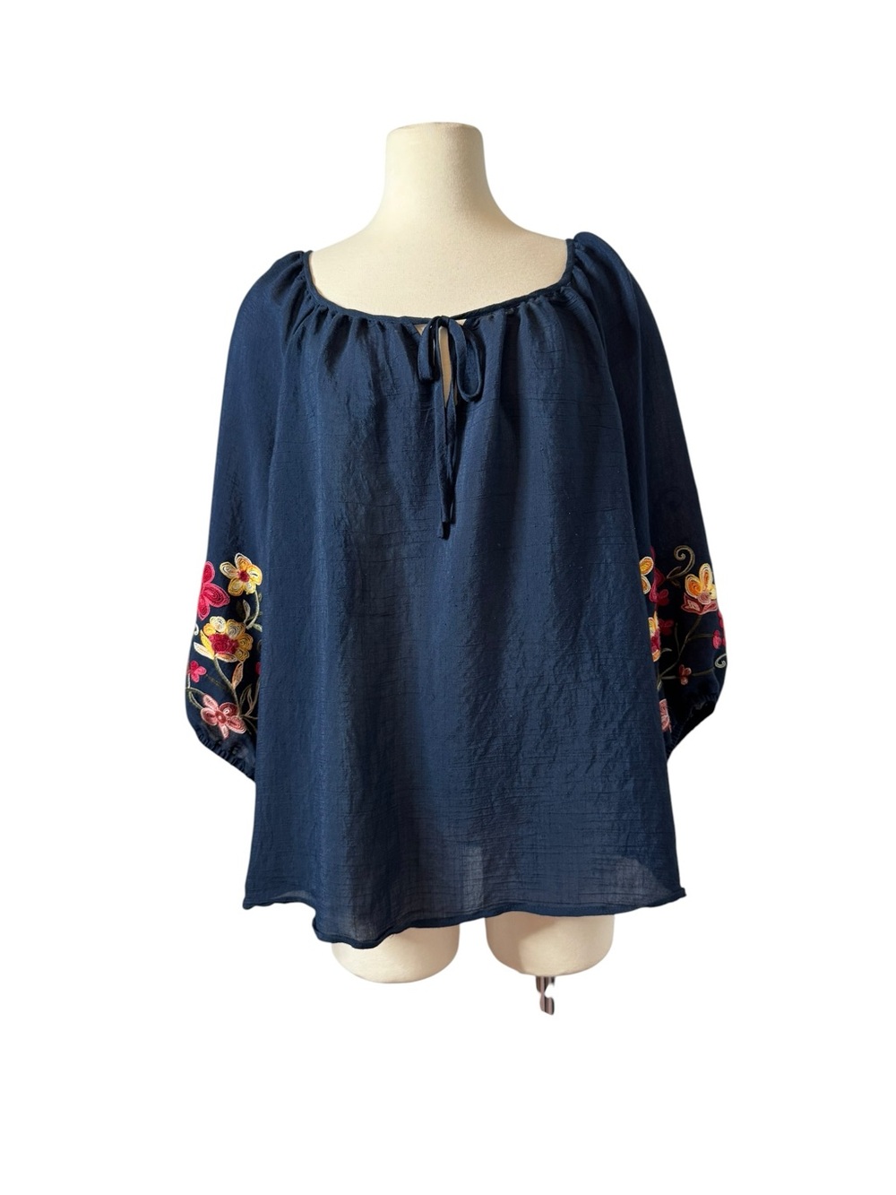 Women's Olivia & Martin Navy Peasant Blouse with Floral Embroidered Sleeves